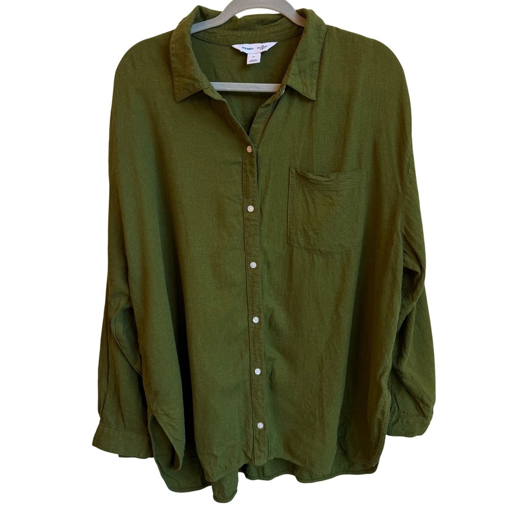 Old Navy Linen Blend Boyfriend Shirt XL Green Oversized Button Down Minimalist